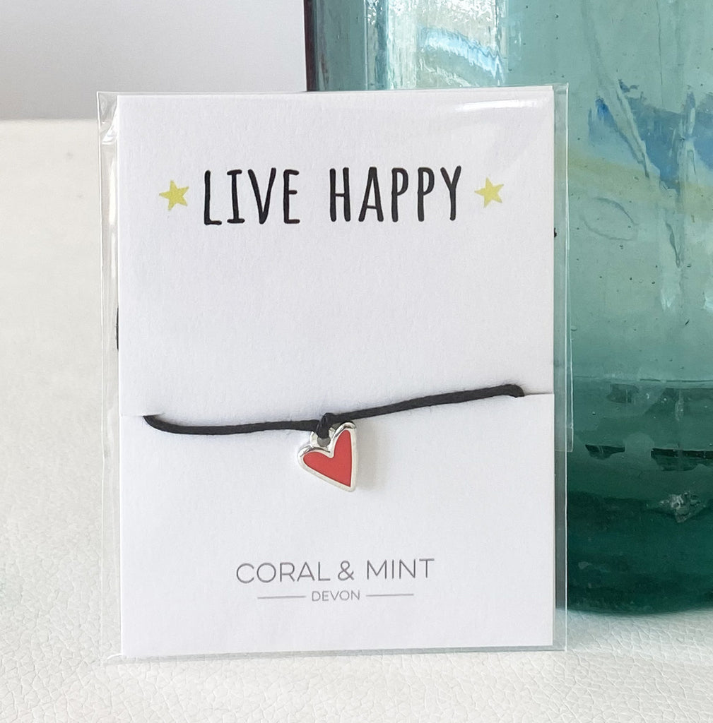 Live Happy - pink heart charm Coral and Mint
