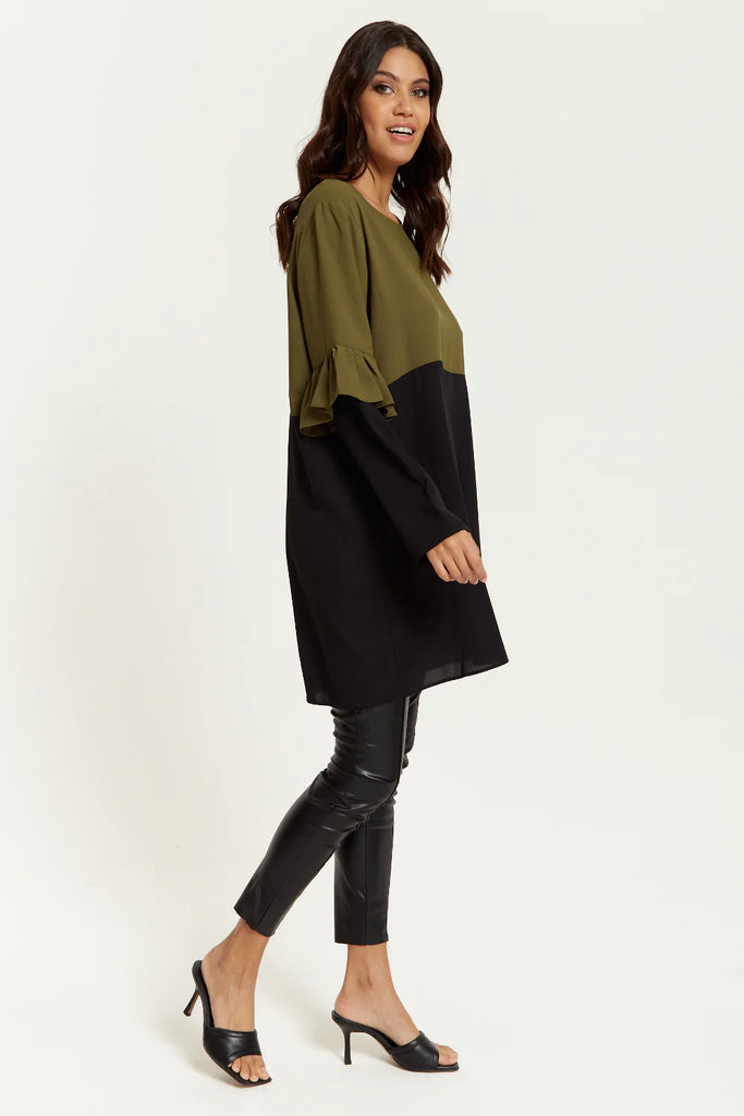 Colour Block Satin Tunic With Frill Detail Sleeve Hoxton Gal