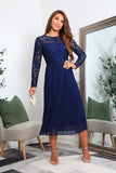 Double Second Navy Long Sleeve Lace Pleated Dress