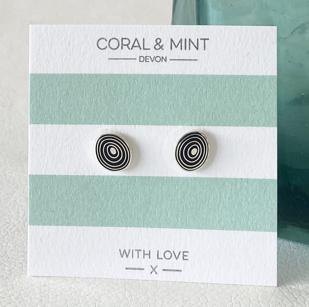 Black Swirl Enamel Earrings   Coral and Mint