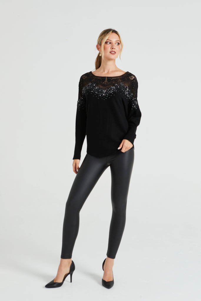Black Batwing Knitted Jumper with Sequin Angeleye