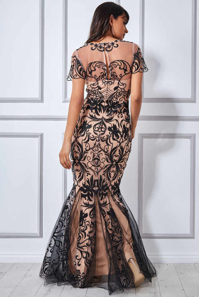 Goddiva Embroidered Mesh & Lace Maxi with Scalloped Hem Tradegala Goddiva Embroidered Mesh & Lace Maxi with Scalloped Hem Tradegala