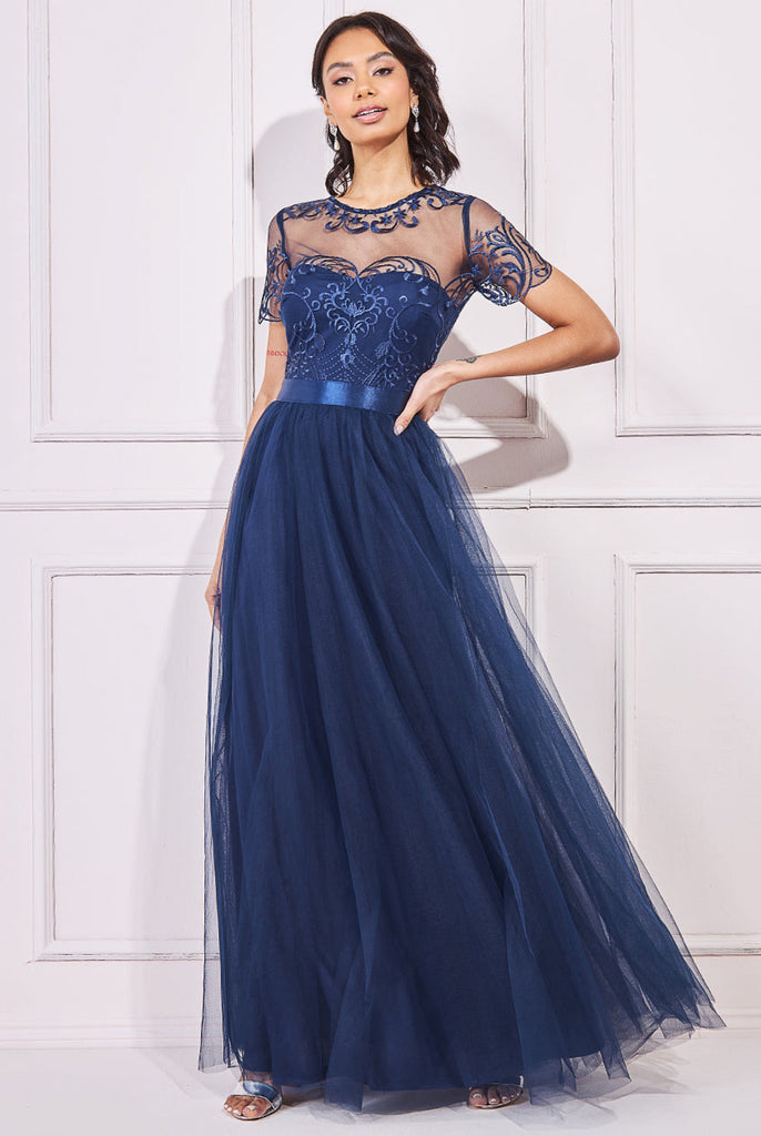 Goddiva Embroidered Mesh With Plain Mesh Maxi Dress Tradegala Goddiva Embroidered Mesh With Plain Mesh Maxi Dress Tradegala