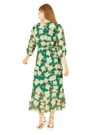 Green Blossom Wrap Midi Dress With 3/4 Sleeves Yumi