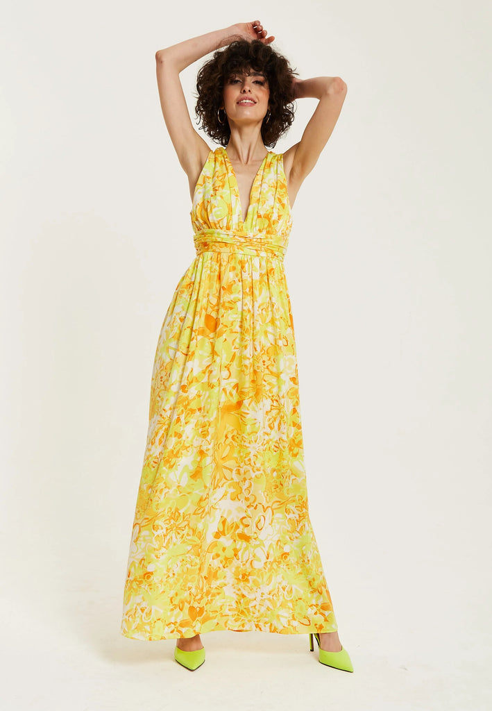 Yellow And Orange Floral Print V-neck Maxi Dress Liquorish