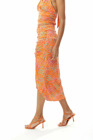 Midi Skirt With Gathering Buttons On Front Orange Liquorish