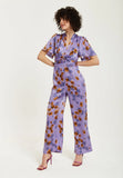 Liquorish Purple Floral Wide Leg Jumpsuit With Angel Sleeves