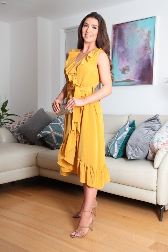 Sleeveless Yellow Wrap Dress With Frill Double Second