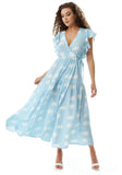 Liquorish Cloud Print Midi Wrap Dress With Frill Sleeve Blue