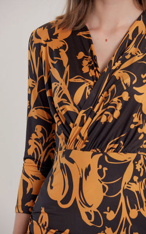 Midi Wrap Dress In Black And Gold Floral Love and Joy London