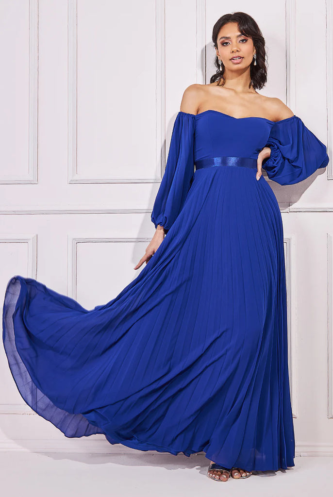 Goddiva Bardot Chiffon Pleated Maxi – Tradegala