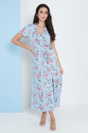 Wrap Front Maxi Dress In Blue Floral Print Lilura London