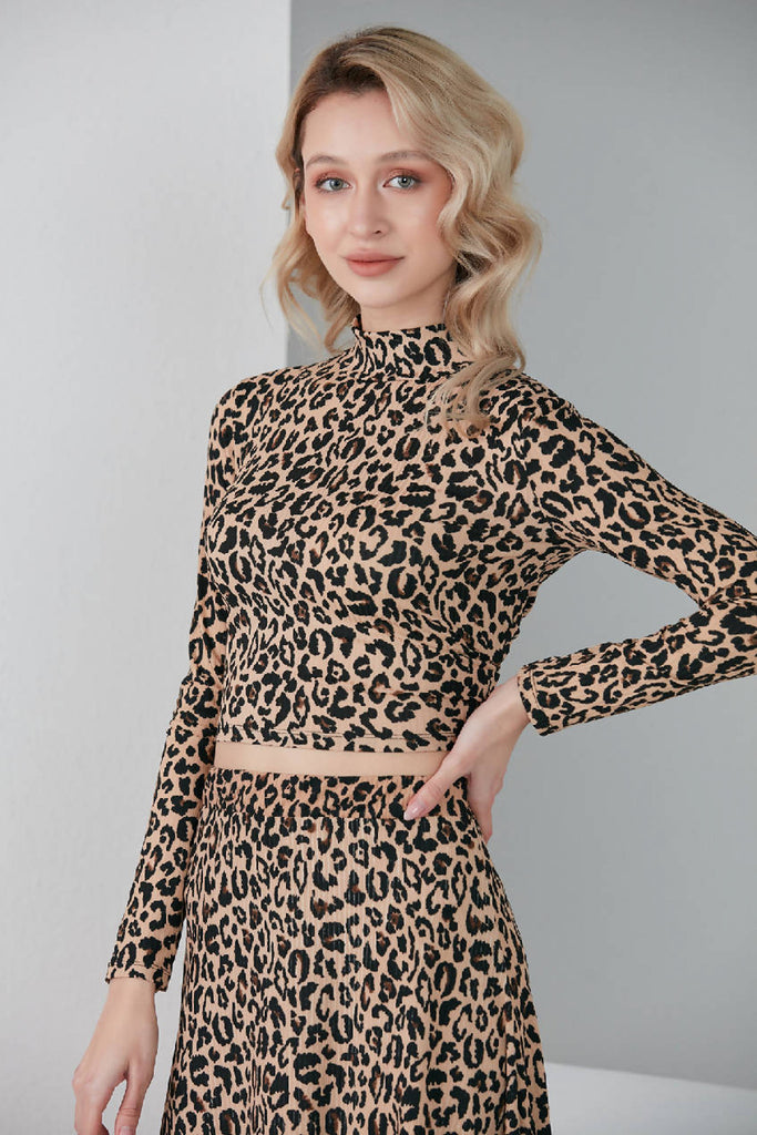 Love And Joy London High Neck Open Back Long Sleeve Top In Leopard Print Love And Joy London