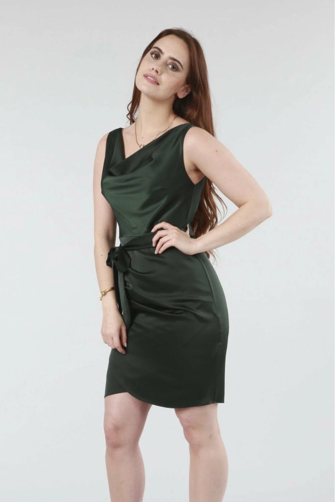 Green Belted Cowl Neck Dress Double Second