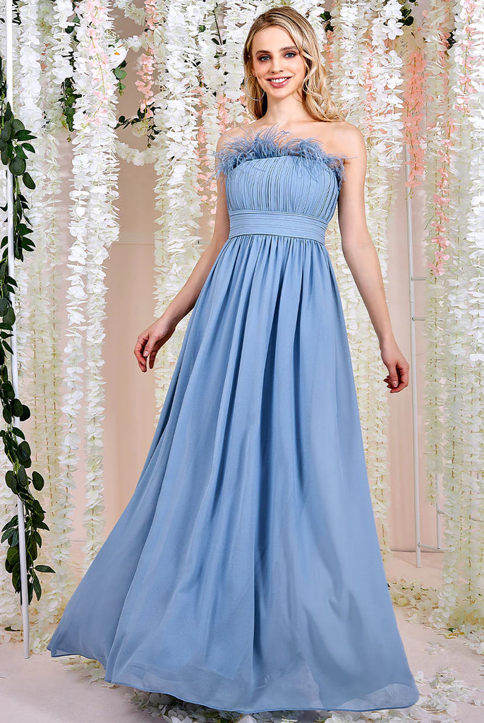 Goddiva Chiffon Feather Bandeau Maxi Dress Tradegala