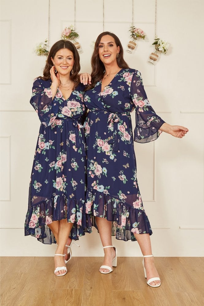 Navy Floral Wrap Dress With Dipped Hem Yumi