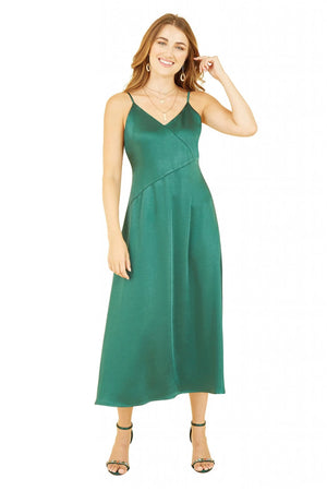 Green Satin Strappy Midi Dress Yumi
