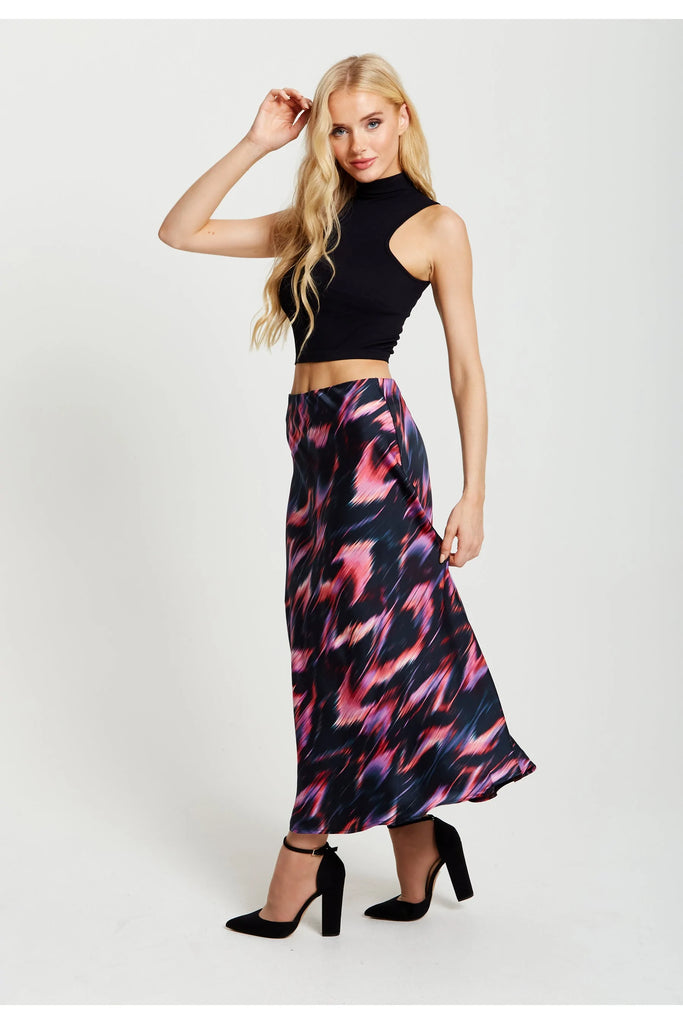 Abstract Feather Print Midi Skirt In Black Pink Liquorish