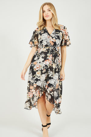 Black Floral High Low Wrap Dress Mela London
