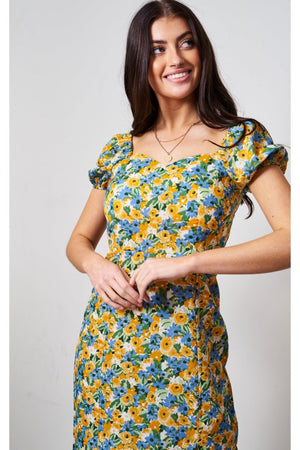 Love Frontrow Blue/yellow Floral Short Sleeve Midi Dress Love Frontrow