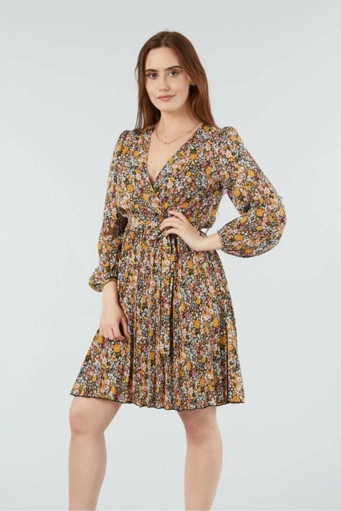Mix Col Pleated Wrap Dress Double Second