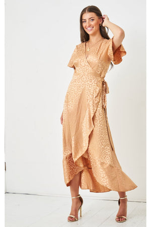 Love Frontrow Gold Jacquard Leopard Print Angel Sleeve Wrap Dress Love Frontrow
