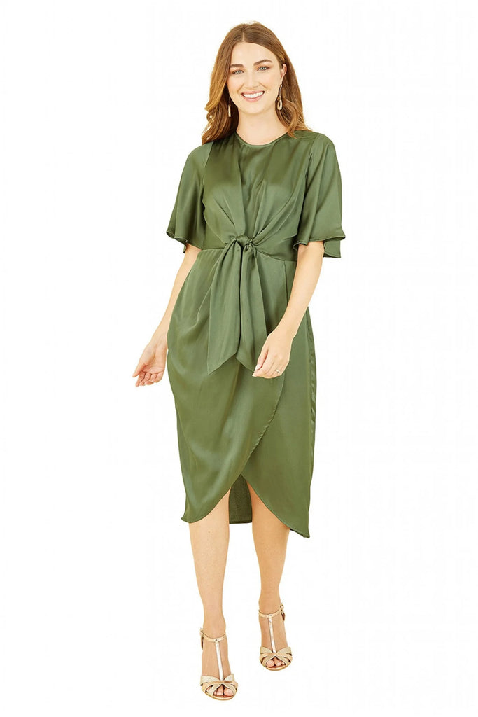 Green Satin Tie Detail Midi Dress Yumi