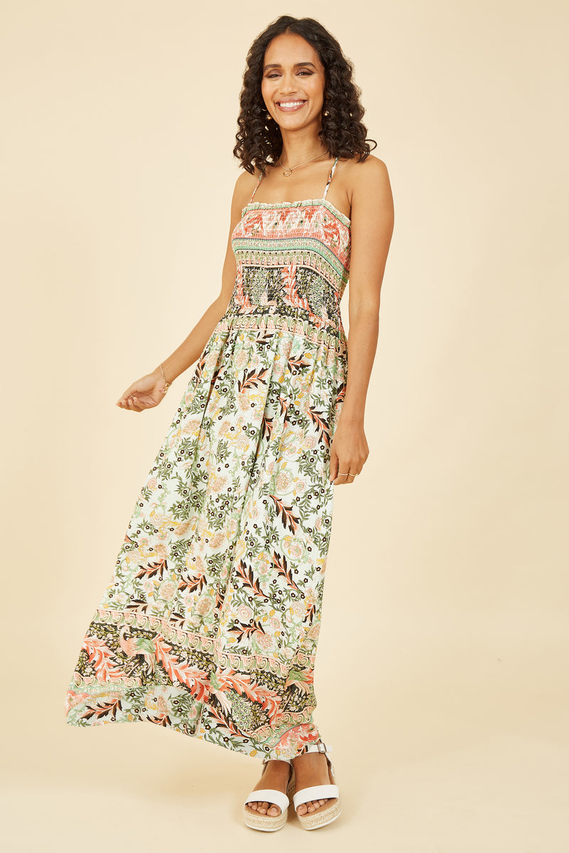 Green Paisley Shirred Maxi Dress Mela London