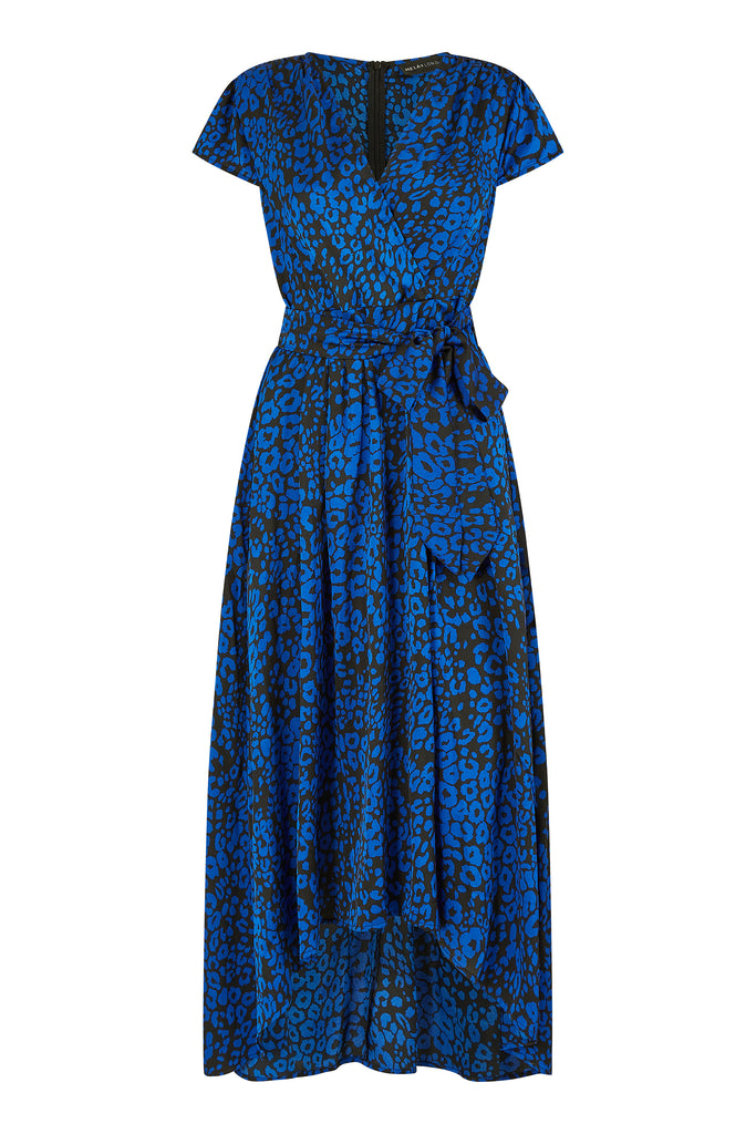 Blue Animal Print Dip Hem Midi Wrap Dress Mela London