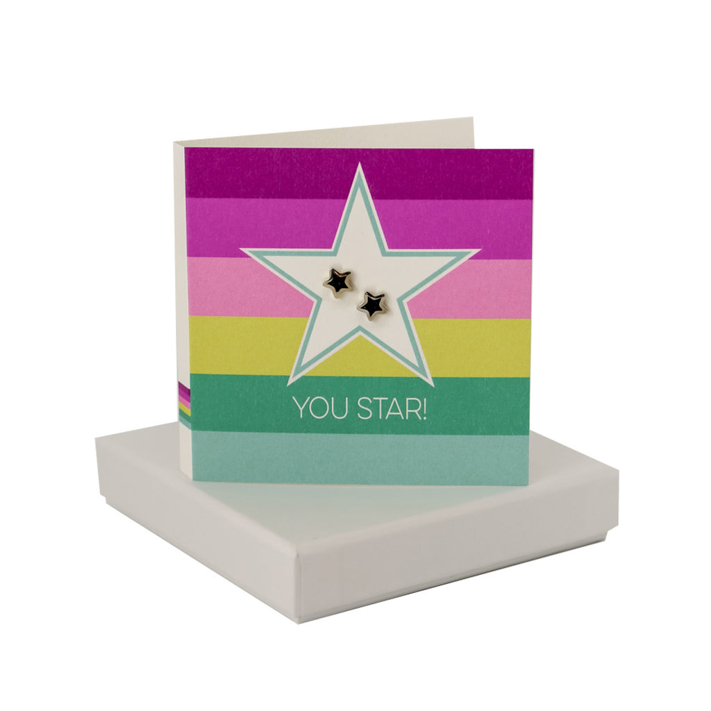You Star Stripe Star Card - Black Enamel Star Studs Coral and Mint
