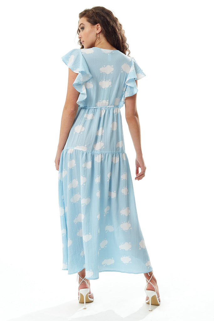Cloud Print Midi Wrap Dress with Frill Sleeve Blue Liquorish