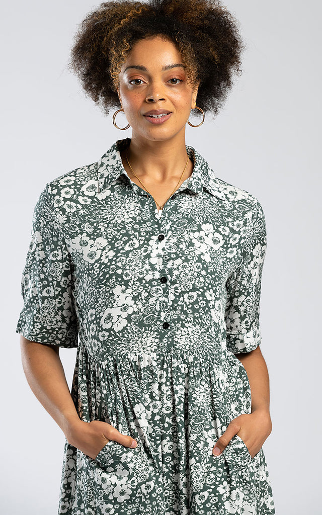 Midi Shirt Dress in Sage Green Floral Pentlebay Clothing
