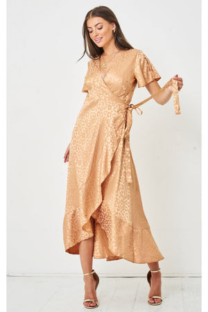 Love Frontrow Gold Jacquard Leopard Print Angel Sleeve Wrap Dress Love Frontrow