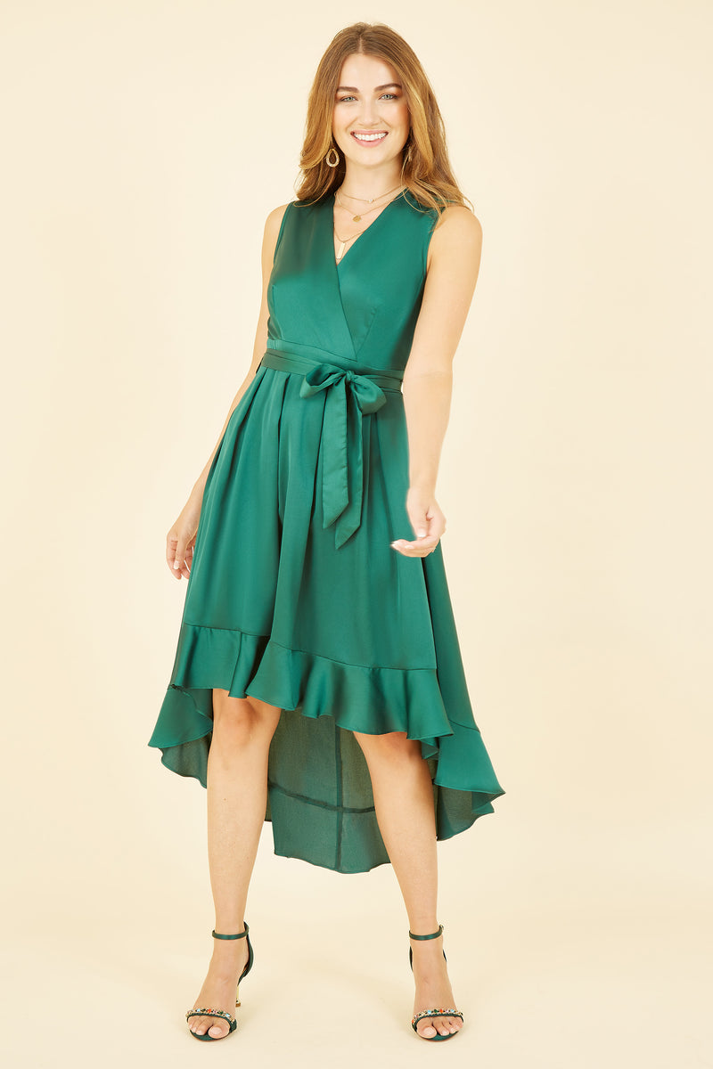 Green Satin Dipped Hem Wrap Over Midi Dress Mela London