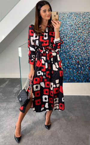 Midi Shirt Dress In Red And Black Print Love and Joy London