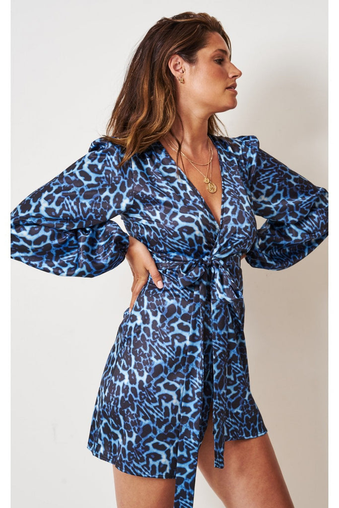 blue animal print wrap dress Love Frontrow Blue Leopard Print Mini Wrap Dress Tradegala