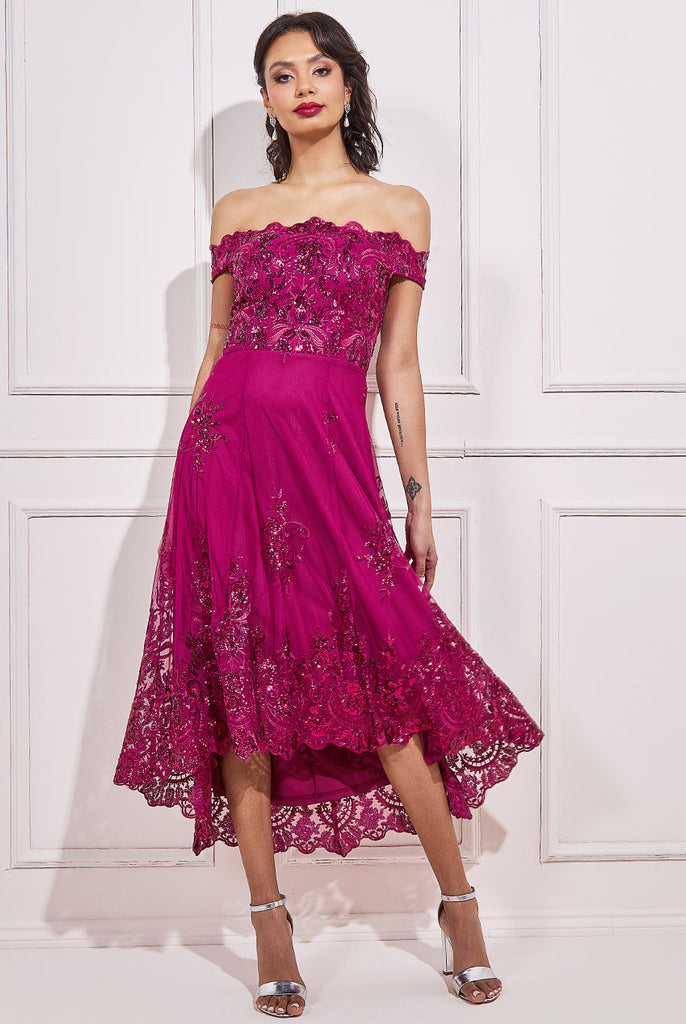 Goddiva Bardot Sequin & Lace High Low Midi Dress Tradegala Goddiva Bardot Sequin & Lace High Low Midi Dress Tradegala