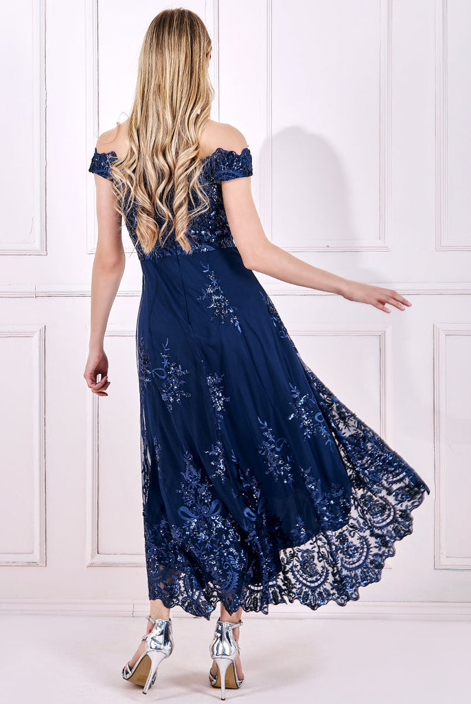 Goddiva Bardot Sequin & Lace High Low Midi Dress Tradegala Goddiva Bardot Sequin & Lace High Low Midi Dress Tradegala