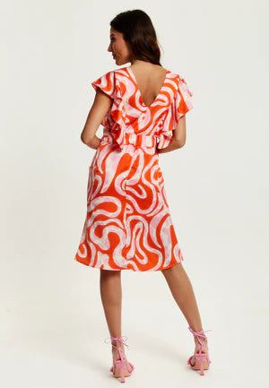 Pink And Red Abstract Print Midi Dress With Frill Liquorish