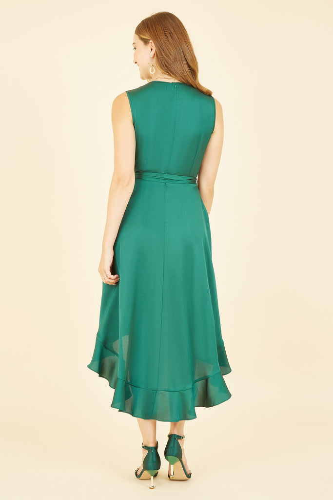 Green Satin Dipped Hem Wrap Over Midi Dress Mela London