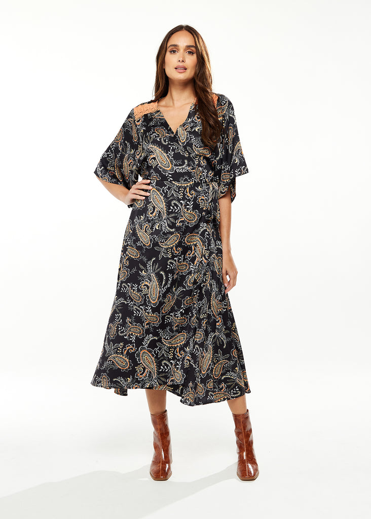 Floral Print Maxi Wrap Dress with Blue Lace Details Liquorish