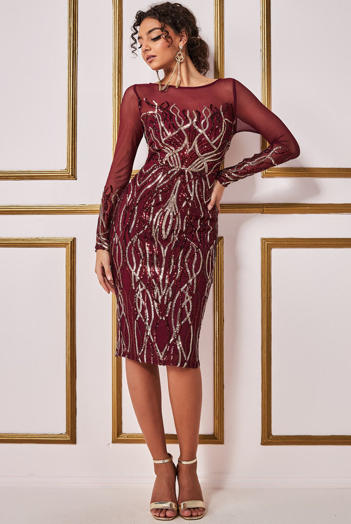 Goddiva Long Sleeve Sequin Flame Midi Dress Goddiva