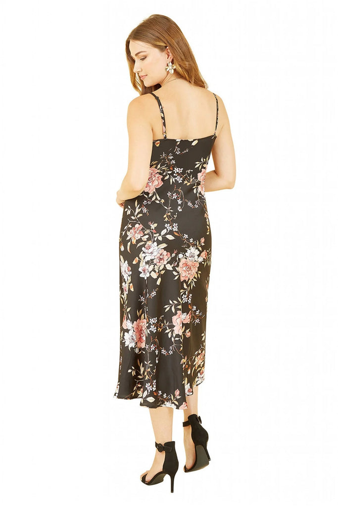 Black Satin Floral Cowl Neck Slip Dress Yumi