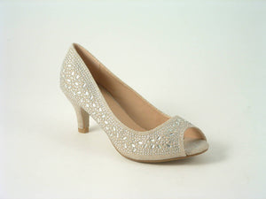 Glitz Shoes Divine Glitter Diamante Mid Heel Peep Toe Court Shoe Glitz Shoes