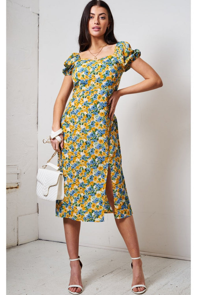 blue and yellow floral midi dress Blue Floral Print Ruched Midi Dress by ASTR the label