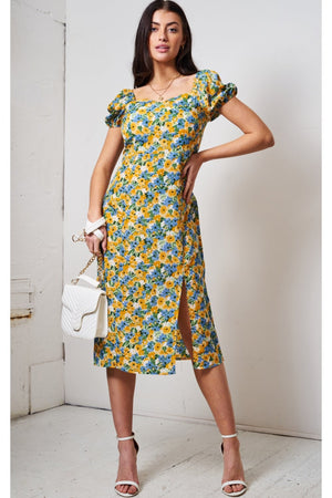 Love Frontrow Blue/yellow Floral Short Sleeve Midi Dress Love Frontrow