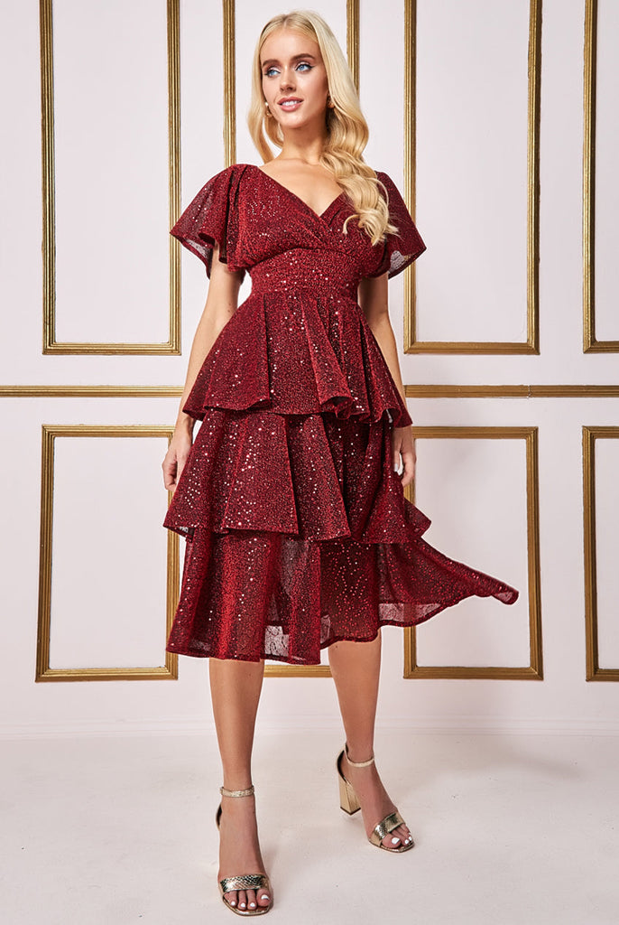 goddiva red sequin dress Sequin Velvet Bardot Evening Maxi Dress - Red