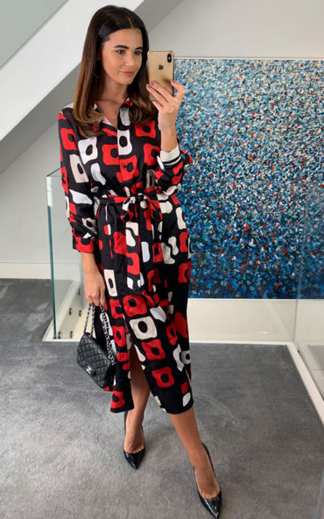 Midi Shirt Dress In Red And Black Print Love and Joy London