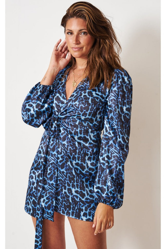 Love Frontrow Blue Leopard Print Mini Wrap Dress Love Frontrow