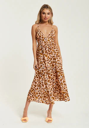 Brown Leopard Strappy Midi Dress With Open Back Liquorish